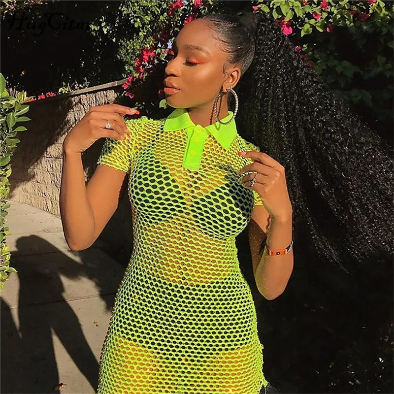

Hugcitar neon green mesh see through net short sleeve sexy dress 2019 summer women party club patchwork streetwear clothes