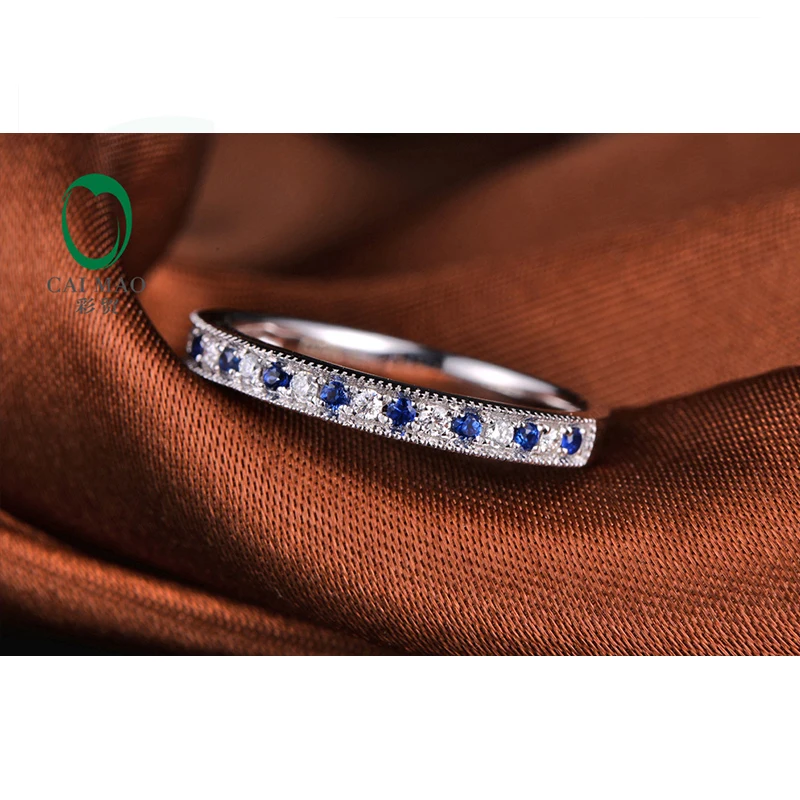 Caimao Jewelry 14K White Gold 0.13ct Sapphire & 0.09ct Diamonds Engagement Wedding Band Free shipping