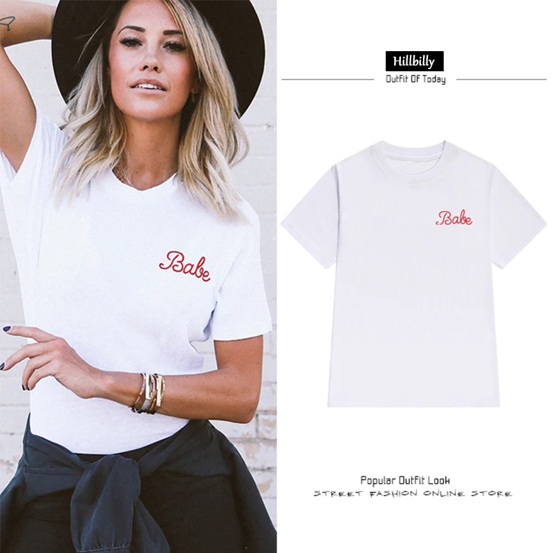 

Hillbilly Hot Sale White Cotton Babe Letters T-shirts Women Fashion Plus Size Street Wear Tees Tshirts Summer 2017 Gifts C1-42
