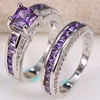 OMHXZJ Wholesale European Fashion Woman Man Party Wedding Gift Square Amethyst AAA Zircon 925 Sterling Silver Ring Set RR76 ► Photo 2/6