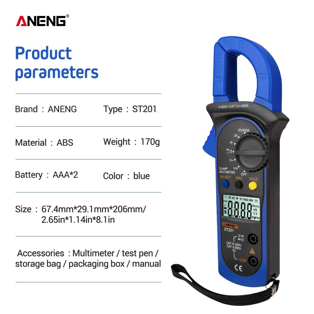 ANENG Digital Multimeter Amper Clamp Meter Current Clamp Pincers AC/DC Current Voltage Tester Test Probe