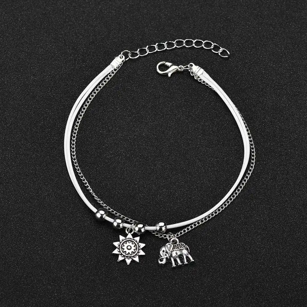 Double Layers Boho Elephant Ankle Bracelet Women Chain Anklet Foot Feet Jewelry