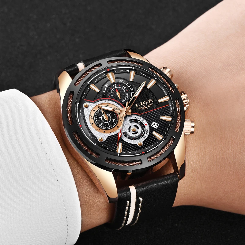 LIGE New Mens Watches Top Brand Luxury Quartz Watch Men Calendar Leather Military Waterproof Sport Wrist Watch Relogio Masculino