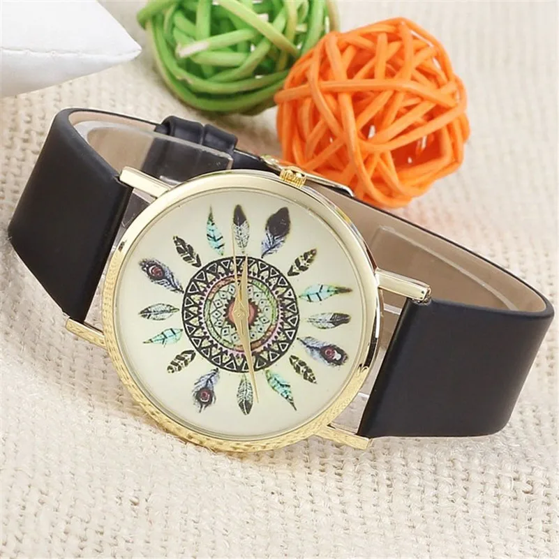 Vintage Feather Dial Leather Band Quartz Analog Unique Wrist Watches Men Wholesale #2AP17B (4)