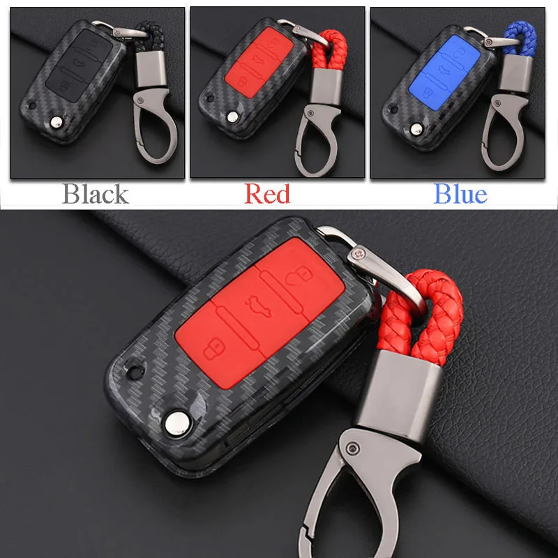 

ABS Carbon Fiber Shell+Silicone Cover Remote Key Holder Fob Case&KeyChain For VW Series A Type