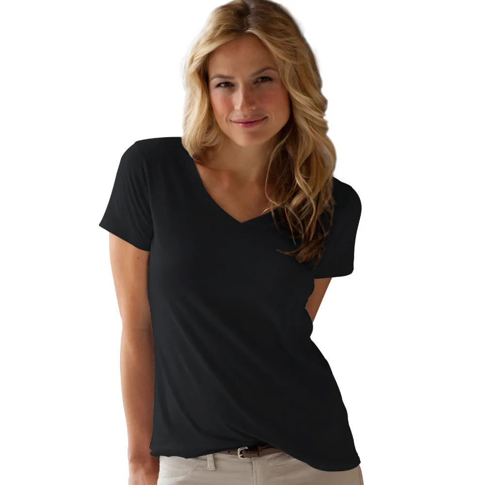 Hot Sale Women V Neck T Shirts Short Sleeve Black White Female t shirt Top Casual Tee Shirt ...