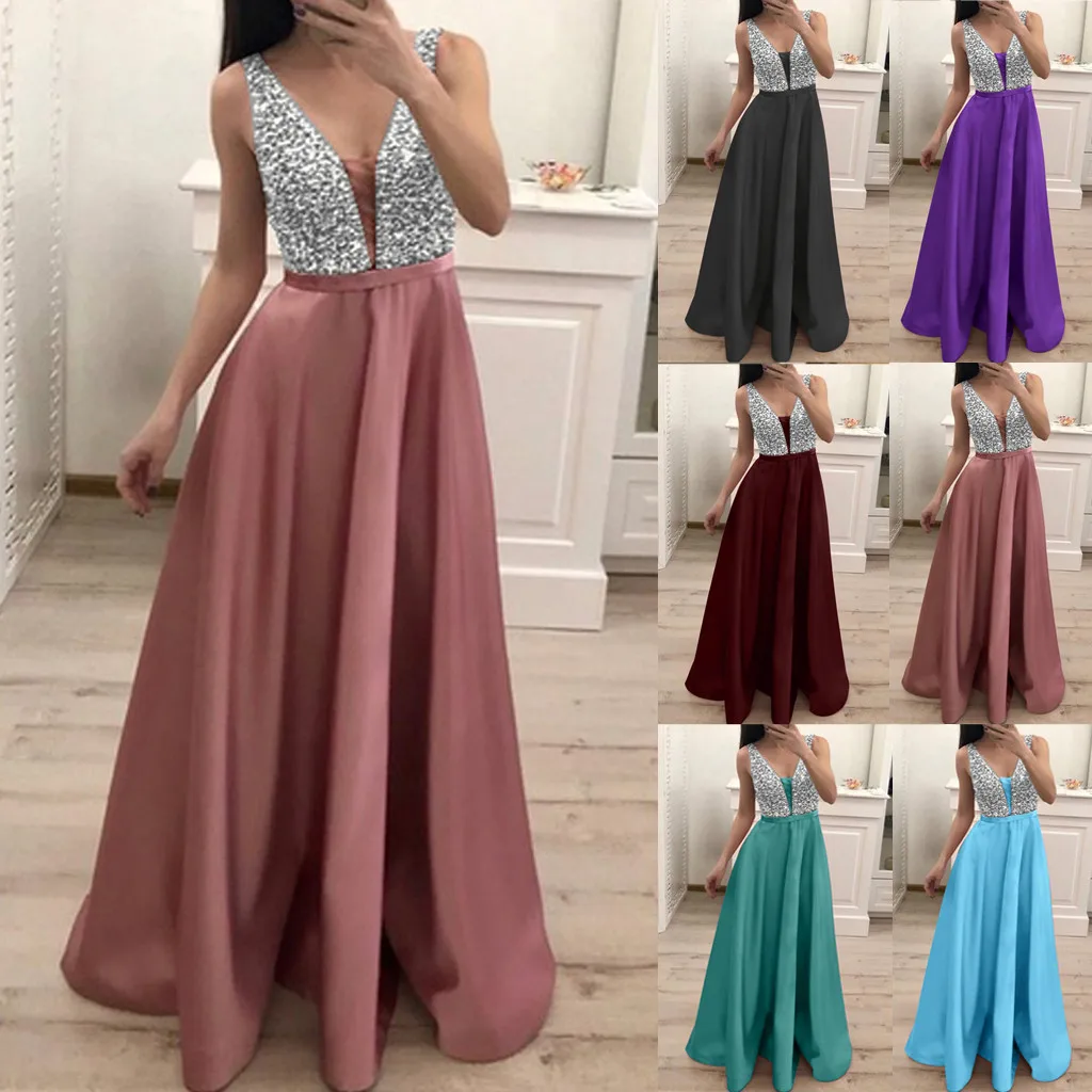 

Women dress Fashion Sequin Long Evening Party Dress ladies Dress Sleeveless V-neck splice elegant A-line female vestidos de vera