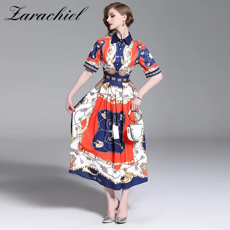 

Designer Runway 2019 Summer Vestidos Women Short Sleeve Lapel Collar Elegant Long Shirt Dress Big Pendulum Vintage Print Dress