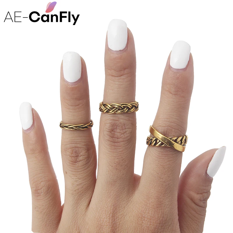 

AE-CANFLY Vintage Jewelry Punk Braid Ring Set Antique Color Cross Hollow Rings for Women US Size 5.5 2D4015