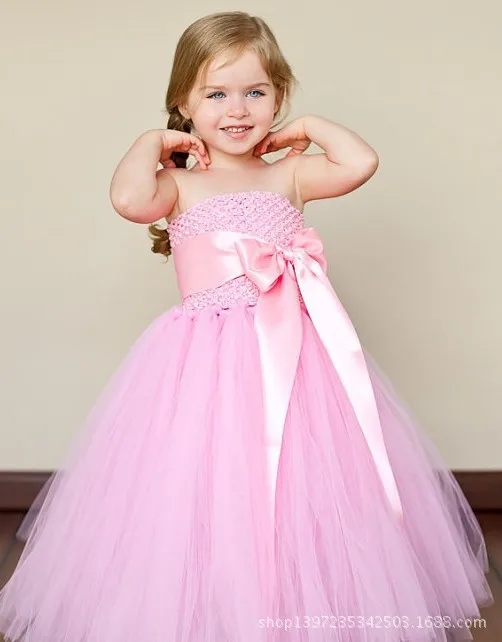 Cute Girls Pink Crochet Long Tutu Dress Kids Fluffy Corset Tulle Tutus Ball Gown with Ribbon Bow Children Wedding Party Dresses | Детская