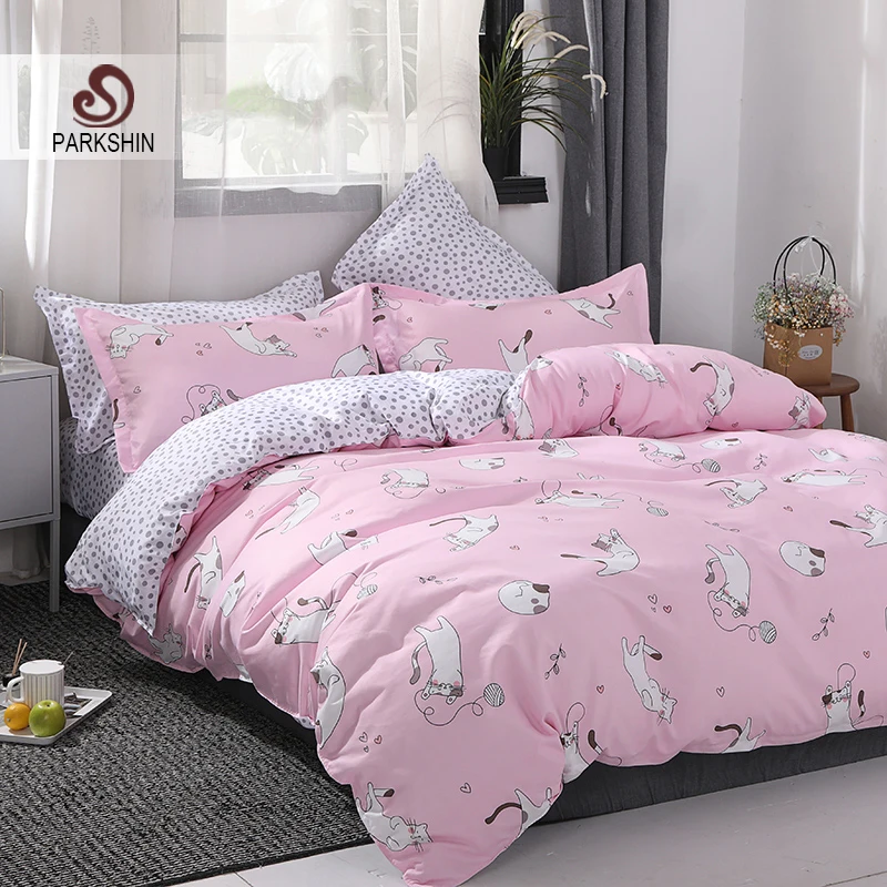 Parkshin 2019 Cartoon Cat Pink Bedding Sets Bed Linen Duvet Cover