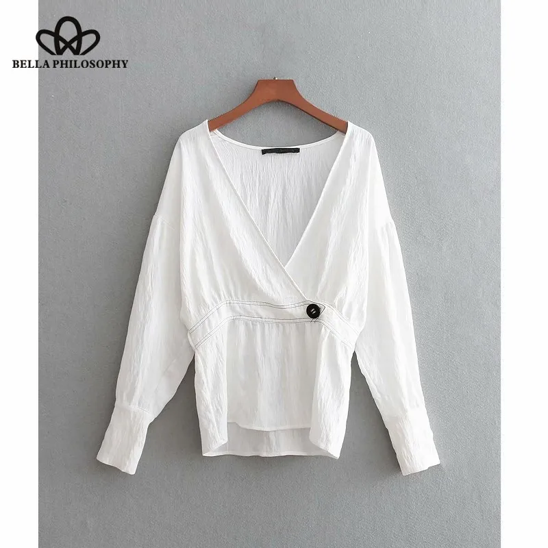Wonder 2018new fashion women long sleeve cross v neck hit color line kimono white shirt blouse casual slim brand femininas tops