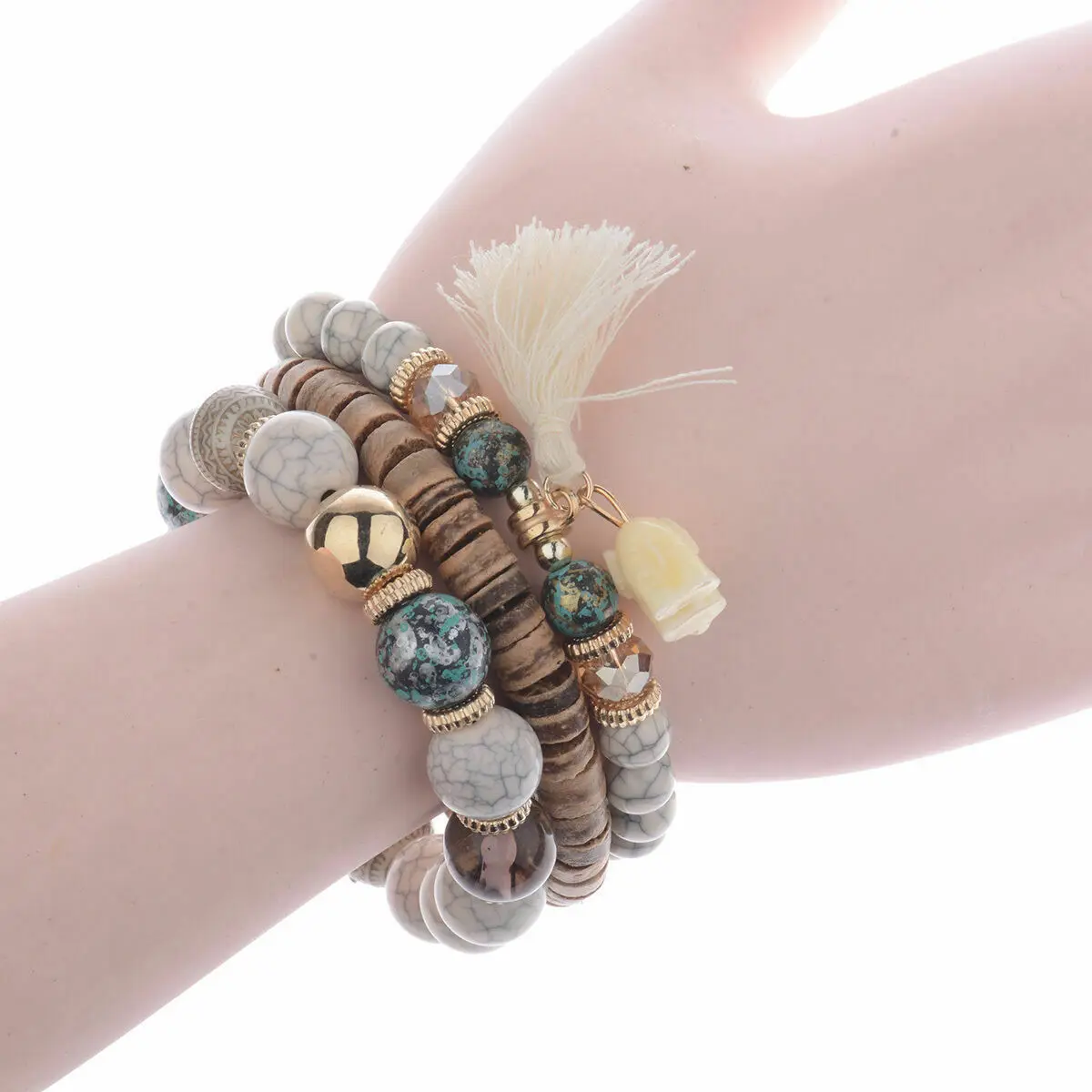 

3Pcs Beaded Multilayer Tassel Elastic Charm Elephant Bracelets Jewelry