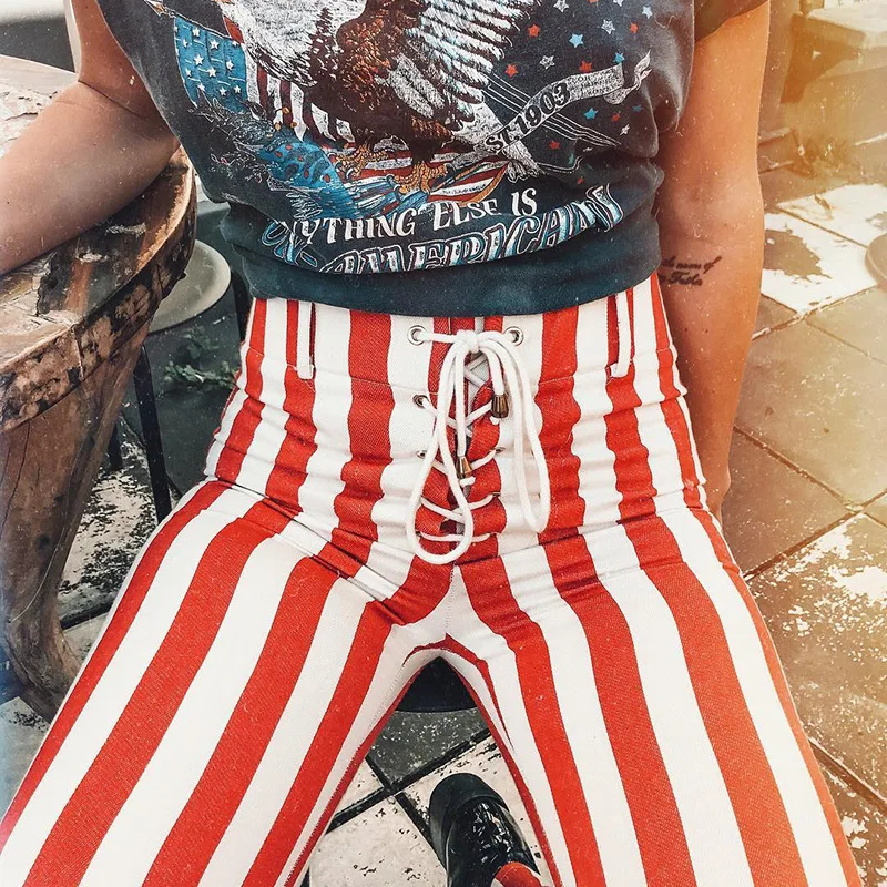 red and white striped flare pants