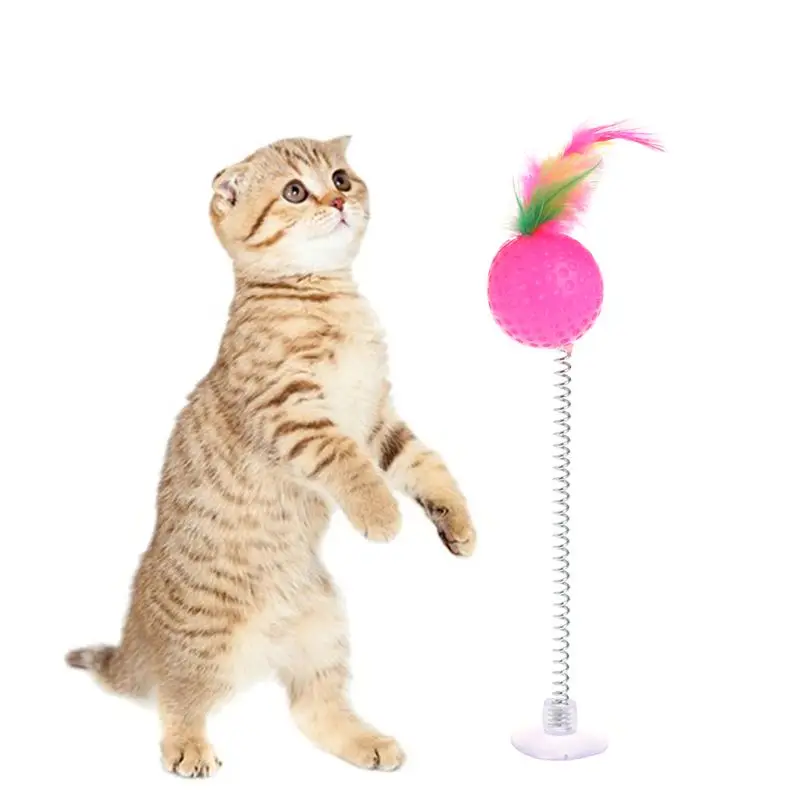 

Cat Teaser Tumbler Suction Cup Stand Ground Window Funny Play Auto Rebound Spring Ball Feather Colorful Attract Interactive Toys