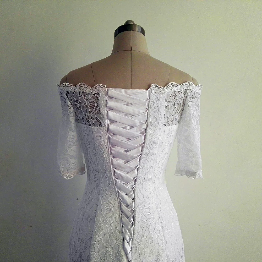 JIERUIZE белое винтажное кружевное свадебное платье русалки с открытыми плечами и короткими рукавами дешевые свадебные платья vestidos de novia