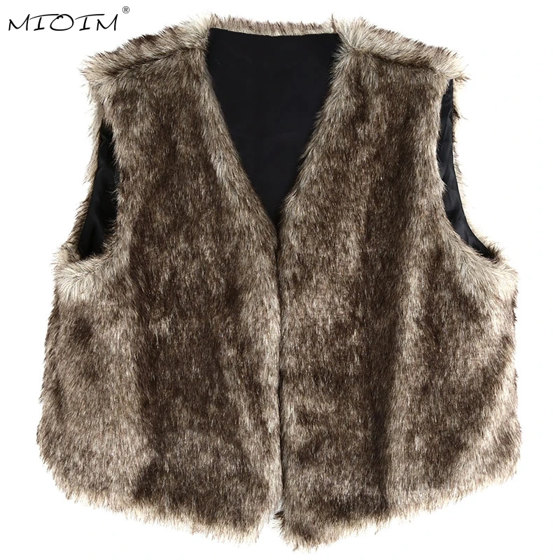 MIOIM Winter Women Faux Fake Fur Vests Ladies Warm Sleeveless Plus Size