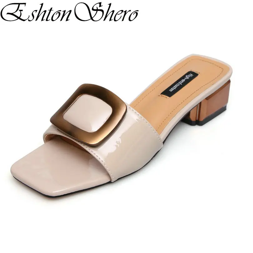 

EshtonShero Summer Shoes Woman Slippers Leather+PU Women Low Heel Slip On Fashion Ladies Wedding Shoes Size 34-39