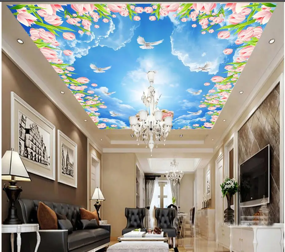 3D потолочные фрески обои голубое небо и белые облака голубь тюльпаны вишня 3D потолочные украшения дома