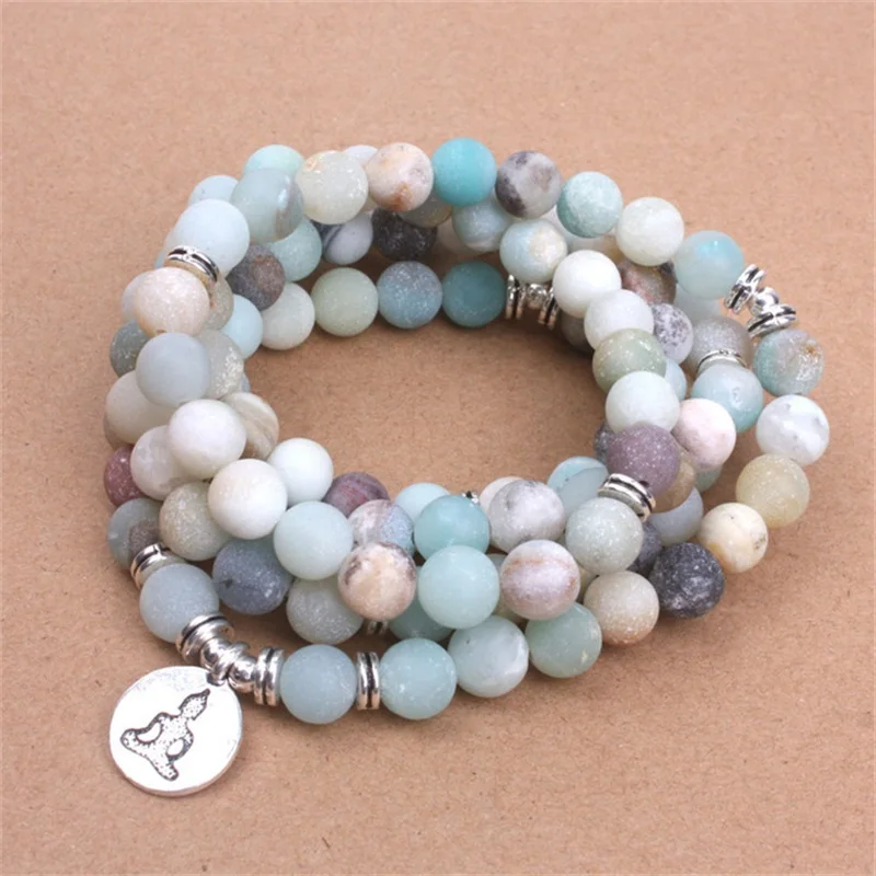 

NEW Fashion Women Natural Stone Strand Matte Frosted Amazonite beads with Lotus OM Buddha Charm Yoga Bracelet