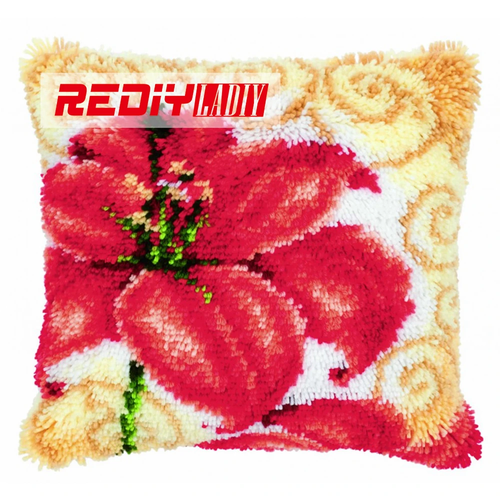 

REDIY LADIY Latch Hook Cushion Kits for Yarn Embroidery Pre-printed Color Canvas Floral Red Lily Car Seat Pillow Home Decorative