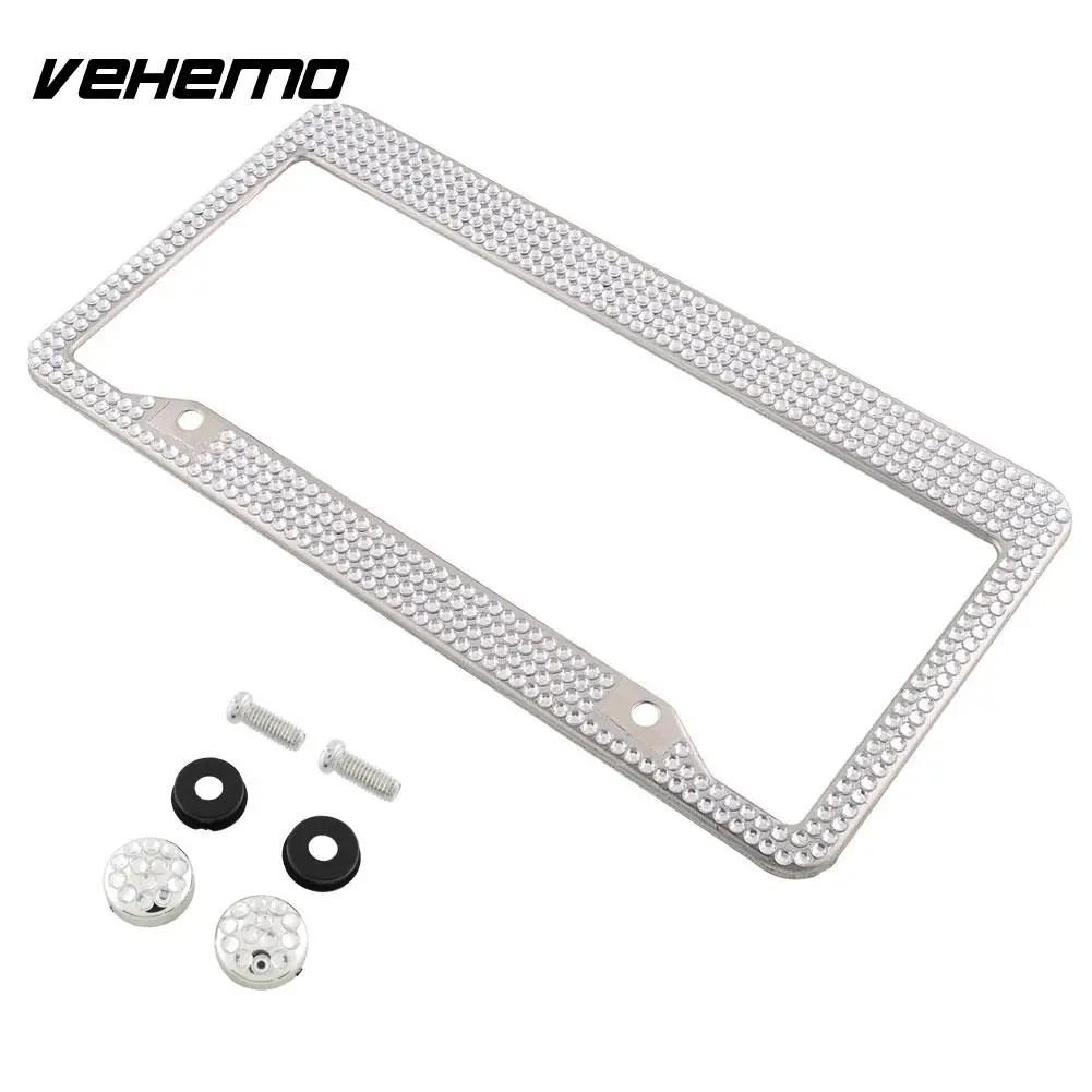 

Steel Metal Luxury White Bling Glitter Crystal Car Number License Plate Frame^