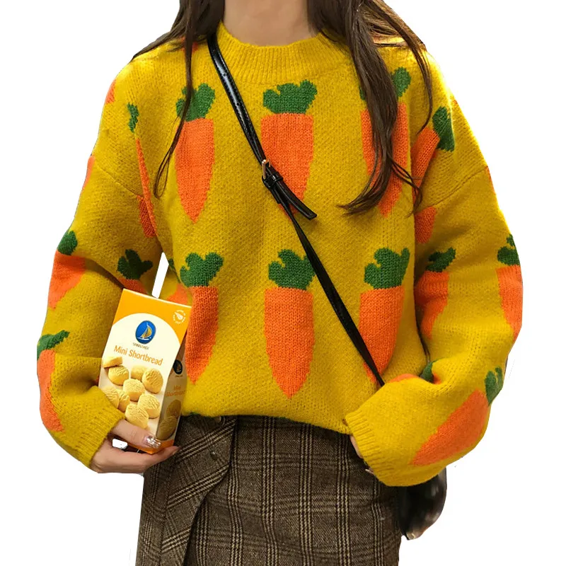 

Spring Autumn Carrot Print Knitted Women Sweater Loose Jumper Fashion Long Sleeves Casual Sweater Pullover Femme Pull L188