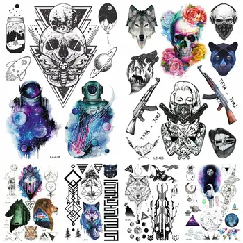 

Fake Galaxy Spaceman Geometric Death Skull Tattoos Stickers Body Arm Mouth Neck Temporary Tatoo Gun Gangster Waterproof Tattoo