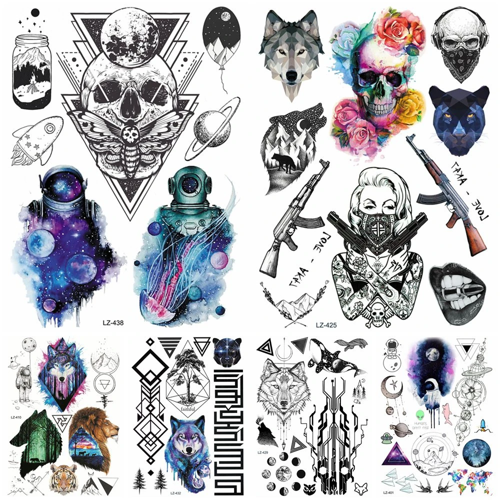 Fake Galaxy Spaceman Geometric Death Skull Tattoos Stickers Body Arm Mouth  Neck Temporary Tatoo Gun Gangster Waterproof Tattoo - Temporary Tattoos -  AliExpress