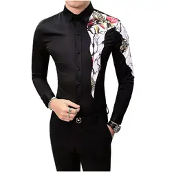 Цифровой Printed splice Повседневная рубашка Для мужчин с длинным рукавом 2019 корейский платье Slim Fit смокинг рубашки мужской моды ночной клуб