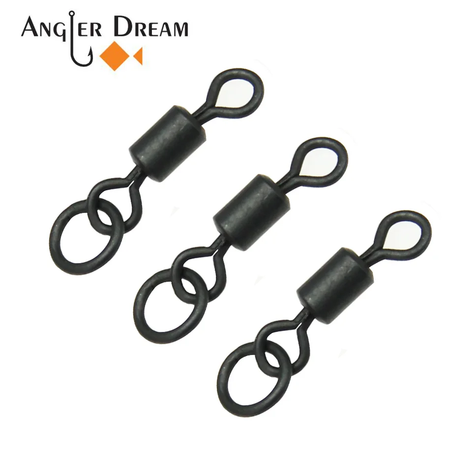 

AnglerDream 50PCS/Bag Matt Black UK Size 8 Carp Fishing Long Body Rolling Swivel With Solid Ring
