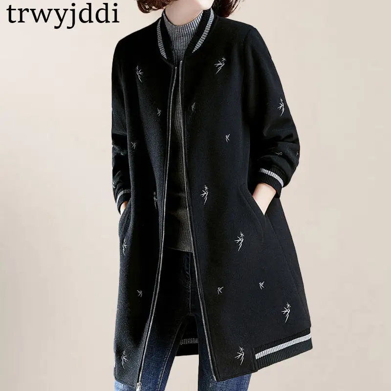Большой размер длинное вышитое толстое шерстяное пальто для женщин зимние куртки бейсбольная форма свободное шерстяное пальто женская верхняя одежда N123 - Цвет: black