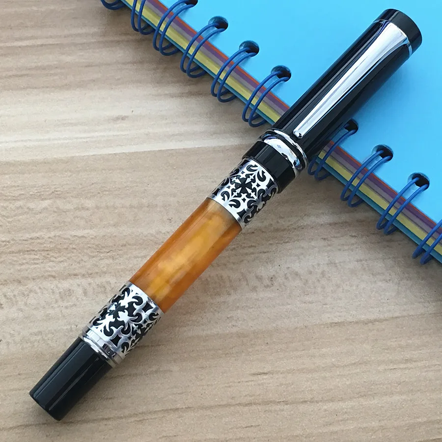 Luxury Original Design Amber pen Stylo Metal Silver Embossing Rollerball and ballpoint pen for