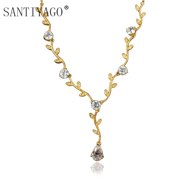 

Hot Sale Wedding Jewelry Sparkling Leaves Long Pendant Necklace Clear CZ Women Jewelry Wedding Engagement Crystal Necklace