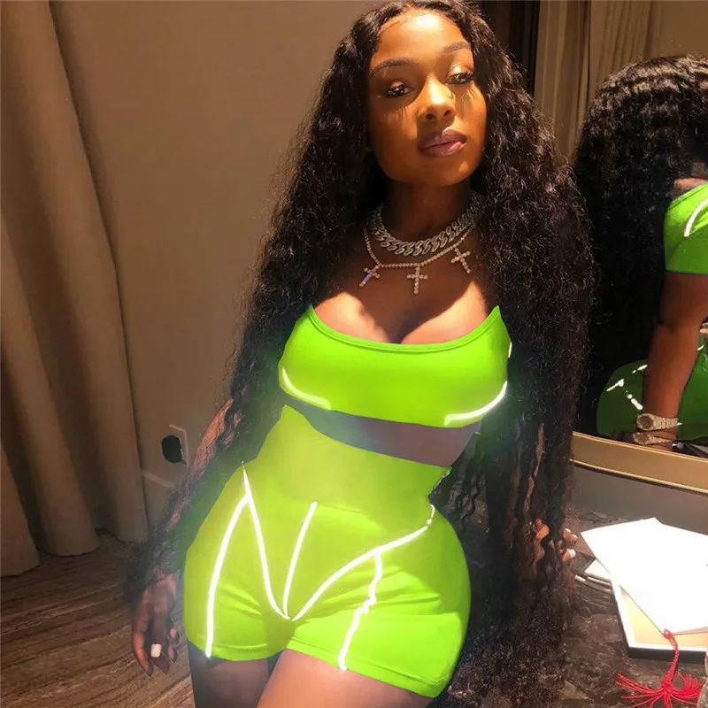

Women Neon Green Orange Two Pieces Short Sets Reflective Striped Patchwork Crop Top and High Waisted Shorts Casual Club Outfits