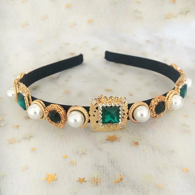 Charm Rose Crystal Baroque Fine Headband Gold Metal Carved Green Gem Crown Tiara Headwear For Women Wedding Hair Jewelry Gift