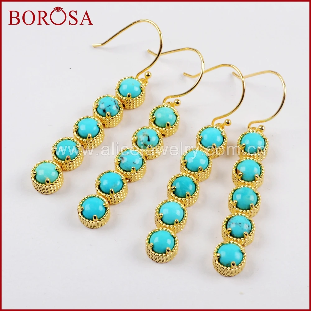BOROSA 3/5 пар огранка золотого цвета Пять Круглый натуральная бирюза бар серьги натуральный голубой каменная висячая серьга Jewelry ZG0336