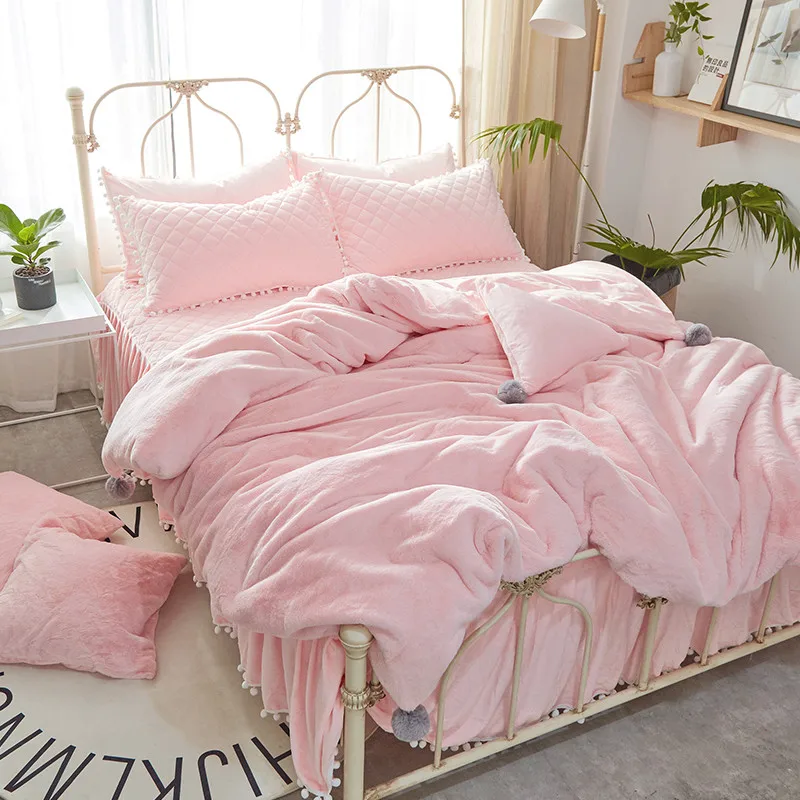 

Pink White Gray Red Princess Comfortable Soft Fleece Fabric Winter Thick Bedding set Duvet Cover Bed skirt Pillowcases 3/4pcs