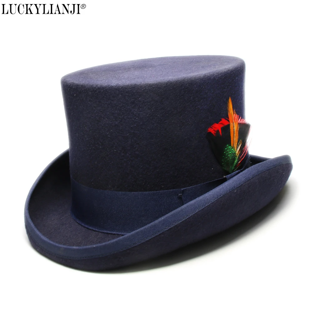 

LUCKYLIANJI Women's Men High Round Flat Top Mountain Chicken Feathers Wool Felt Magician President Lincoln Gentleman Bowler Hat