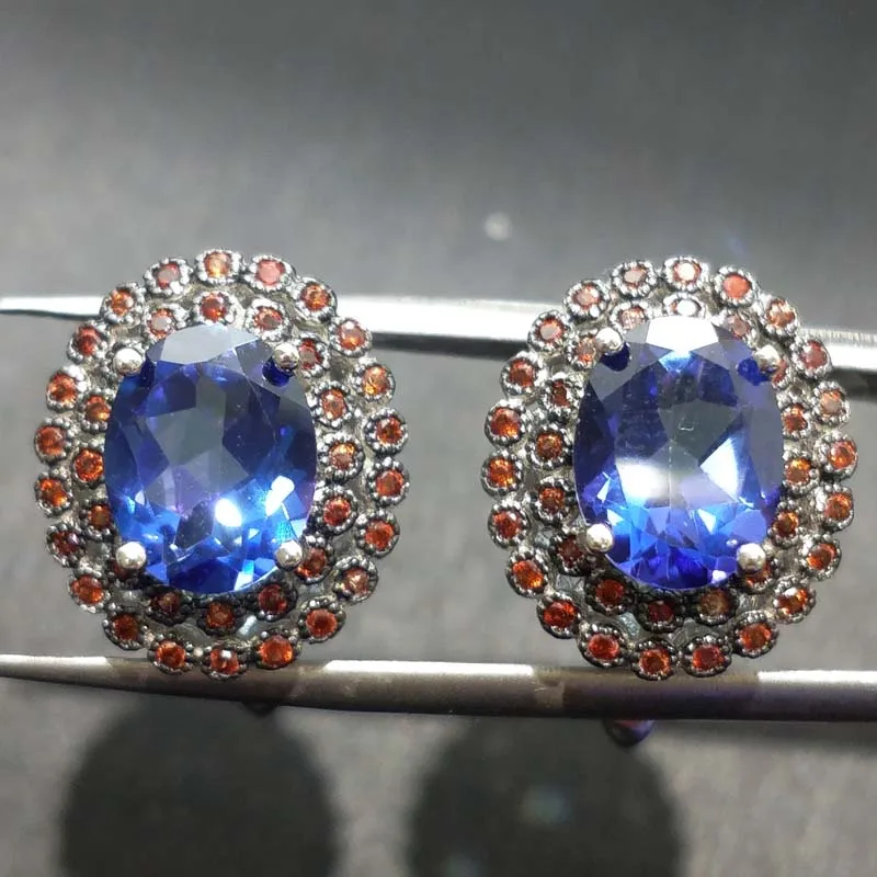 

FLZB , Natural Topaz gemstone magic tanzanite color in 925 sterling silver with 18k white gold Vintage charming style earring