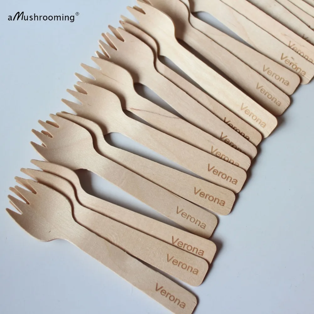 100 Personalized Sporks Name Mini Wood Cake Spoons Dessert Spoon 10cm Flatware Cutlery Baby