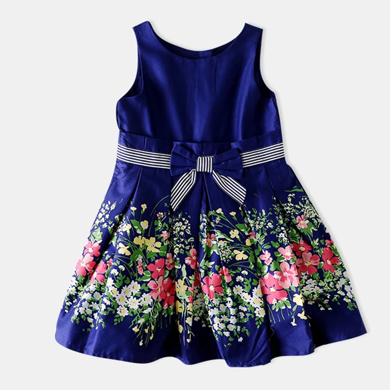 

Shybobbi Girls Dress Dark Blue Flower Print Bow Party Pageant Casual Cute Children Clothing Size 2-8