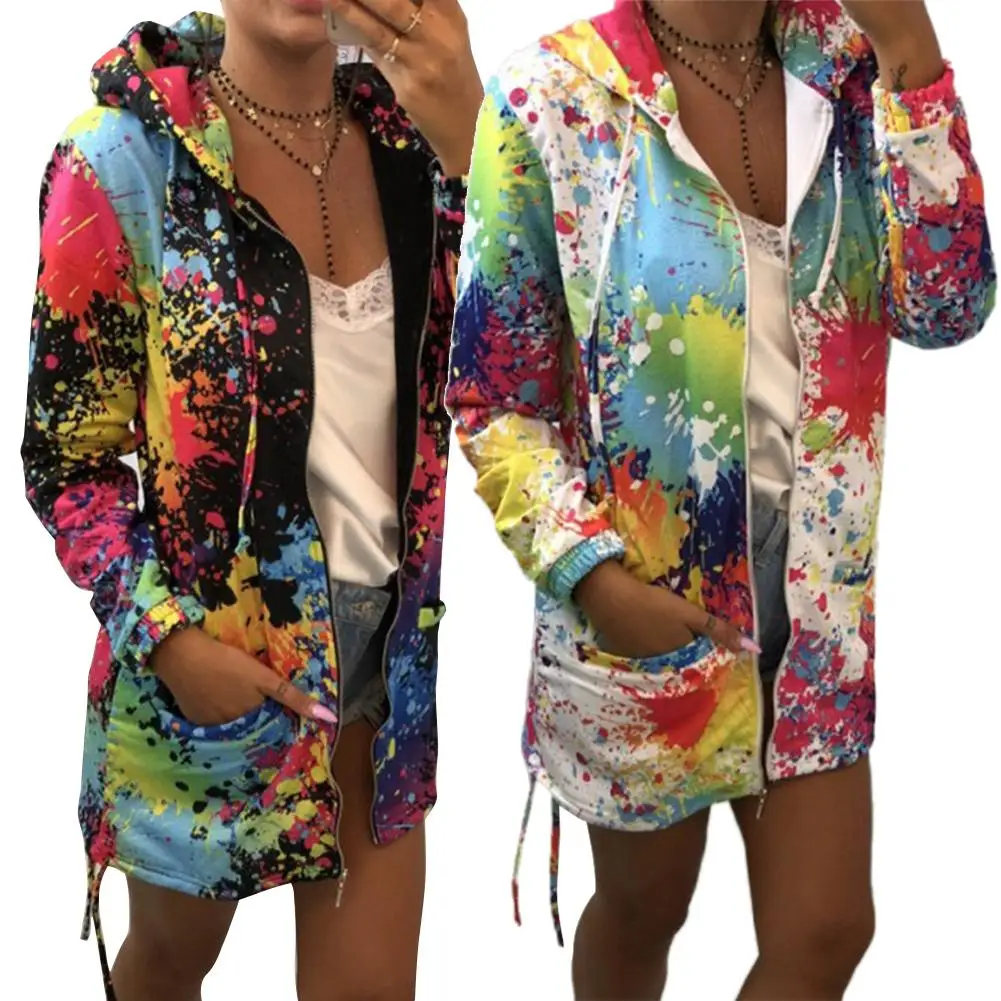 

New Women Fall Floral Print Pockets Long Sleeve Hooded Jacket Drawstring Zipper Coat