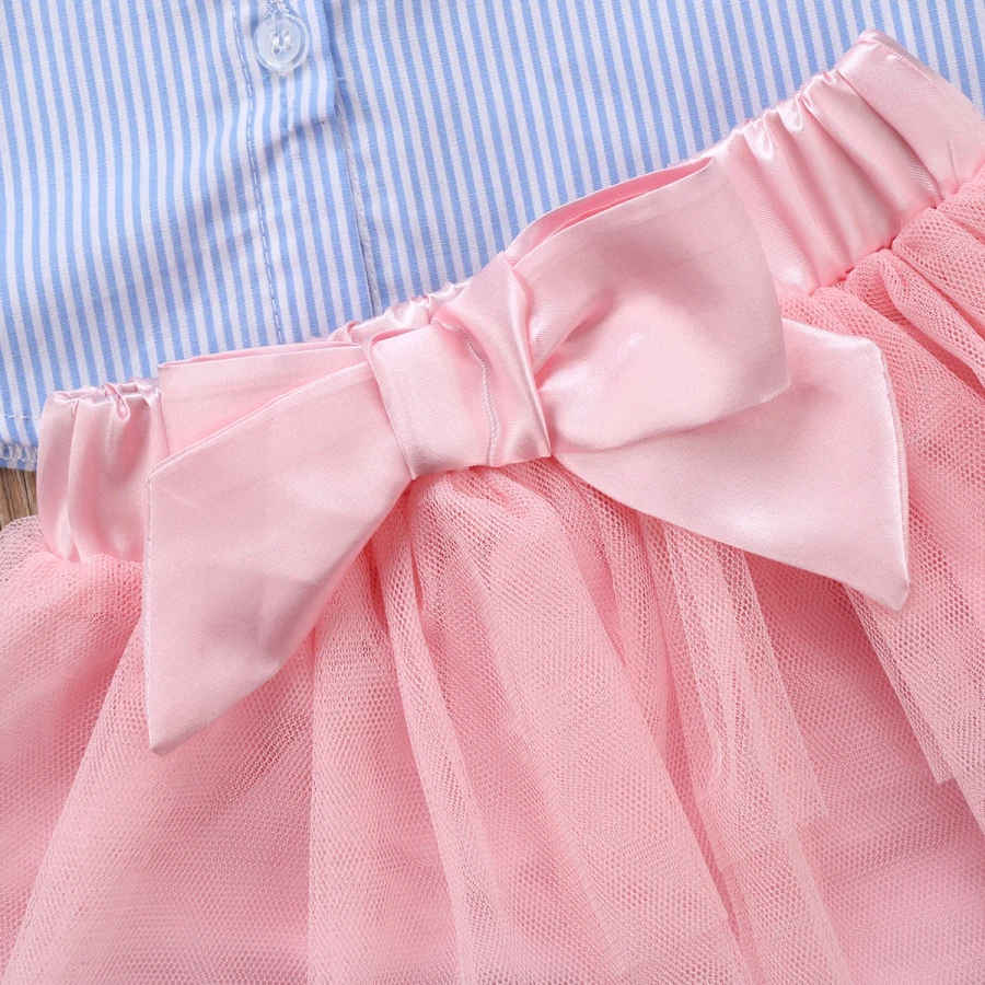 Новейшая детская футболка в полоску для маленьких девочек топ с кружевом+ юбка-пачка комплект одежды из 2 предметов, одежда