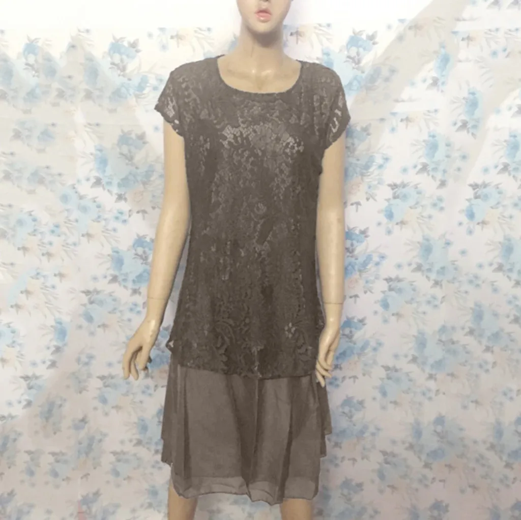 Feitong женское платье короткий рукав открытое кружевное пэтворк однотонное свободные длиной до колена подол Леди Вечерние платья