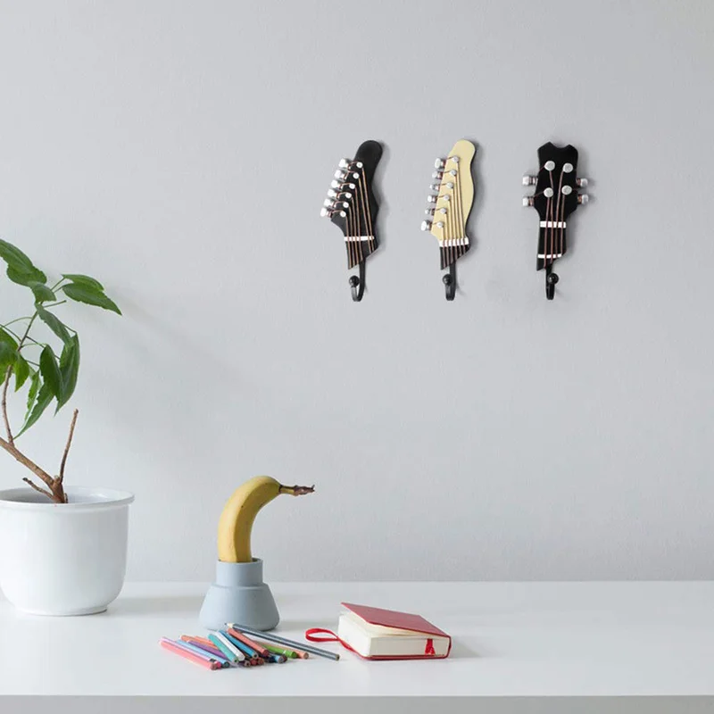

3PCS/Set Wall-Mounted Resin Guitar Heads Music Home Decor Clothes Hat Hanger Hook Sundries Watch Keys Purse Hooks for Hanging