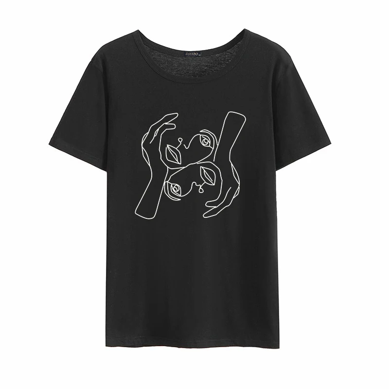 Абстрактная линия печати летние женские Harajuku с коротким рукавом черные модные забавные Ретро свободные большие размеры S-2XL женские футболки топы - Цвет: 1