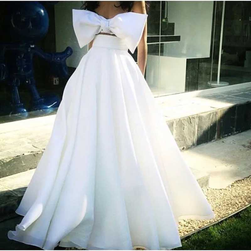 Formal Evening Celebrity Dresses Floor Length Ball Gown Two Pieces White Big Bow Bridal Party Prom Cocktail Gowns Arabic 2017 Custom Made89