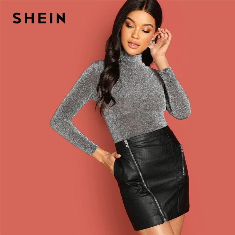 SHEIN серая Блестящая футболка с воротником стойкой современная Женская