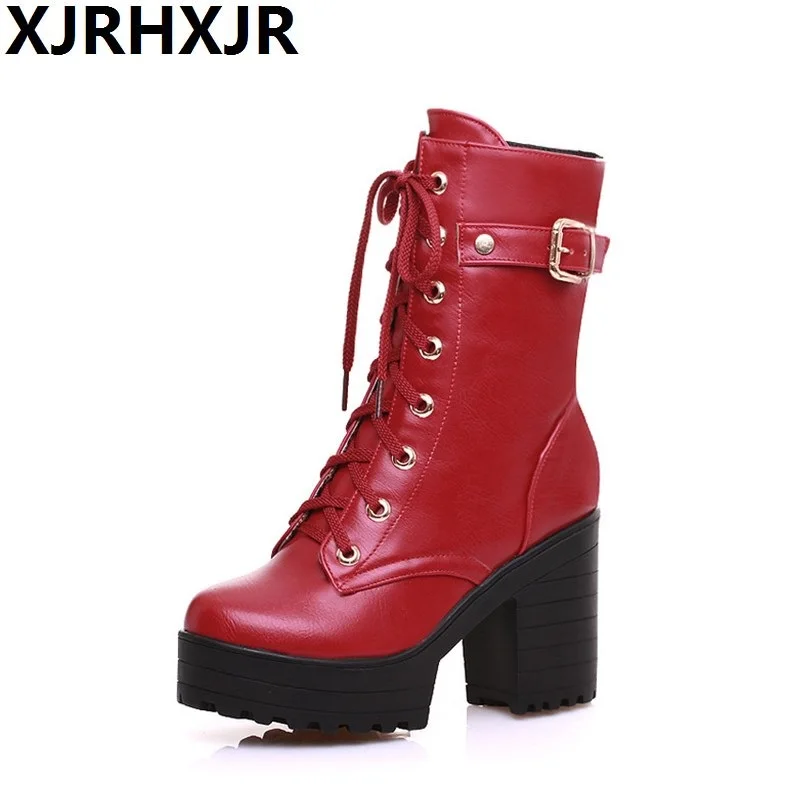 

Zipper Ladies Thick High Heel Med Boots Lace Up Round Toe Thick Heel Solid Women Boots High Heel Martin Boots Shoes Woman